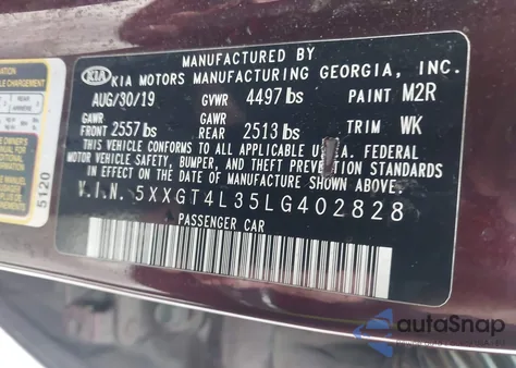 2020 Kia Optima Lx z USA, uszkodzony, nr VIN 5XXGT4L35LG402828